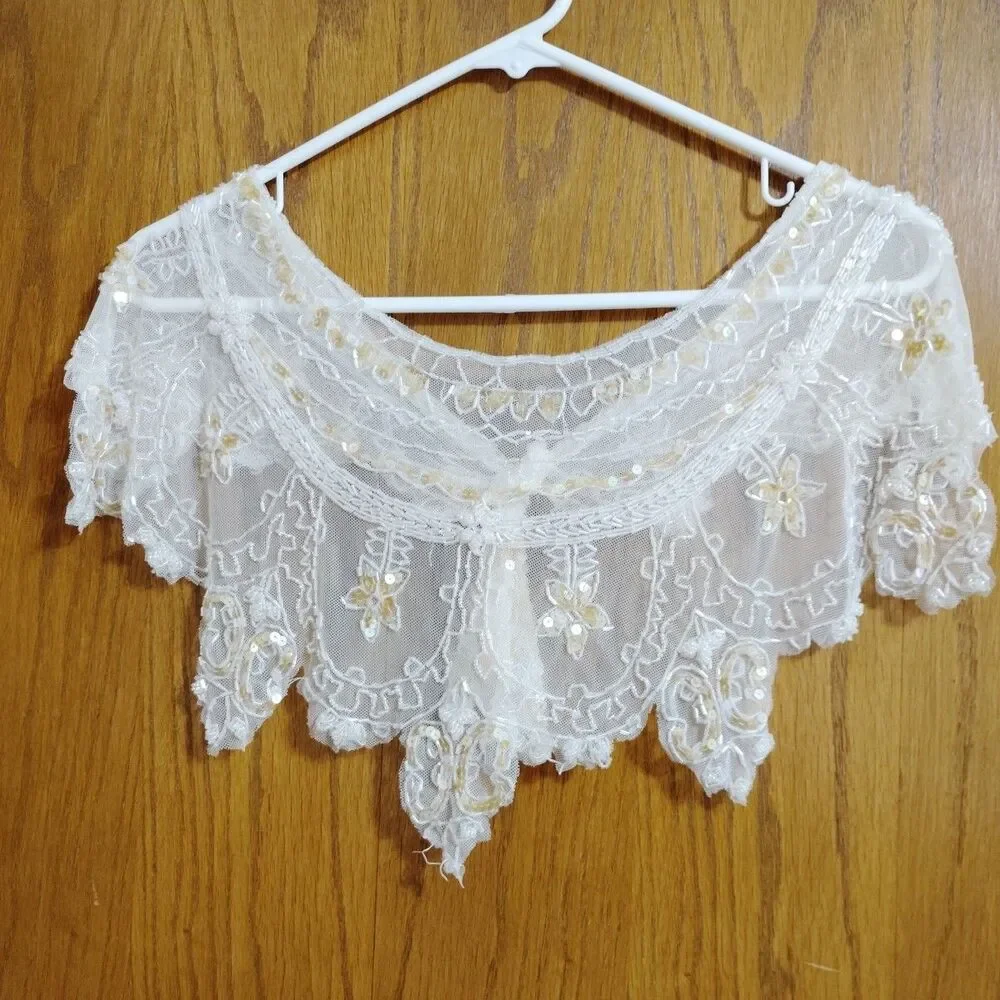 Vintage Victorian Lace Beaded Shawl Shrug Wrap Cream Old Hollywood Glamour Movie